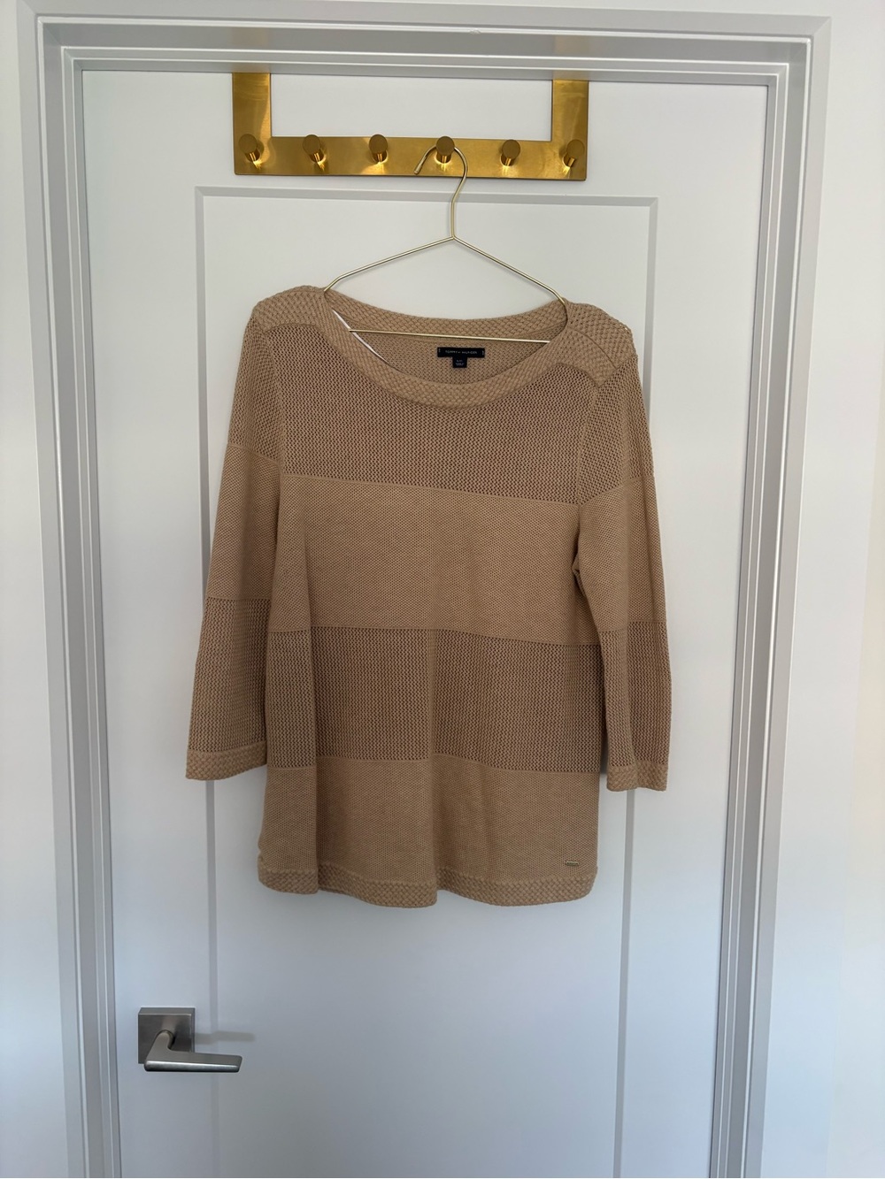 Tommy Hilfiger Tan Striped Knit Scoop Neck Sweater